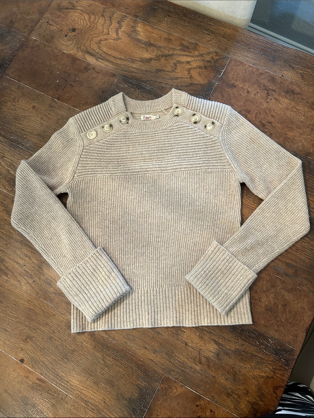 Faherty Mulino Tan Wool Cashmere Button-Shoulder Ribbed Sweater Quiet Luxury Sm